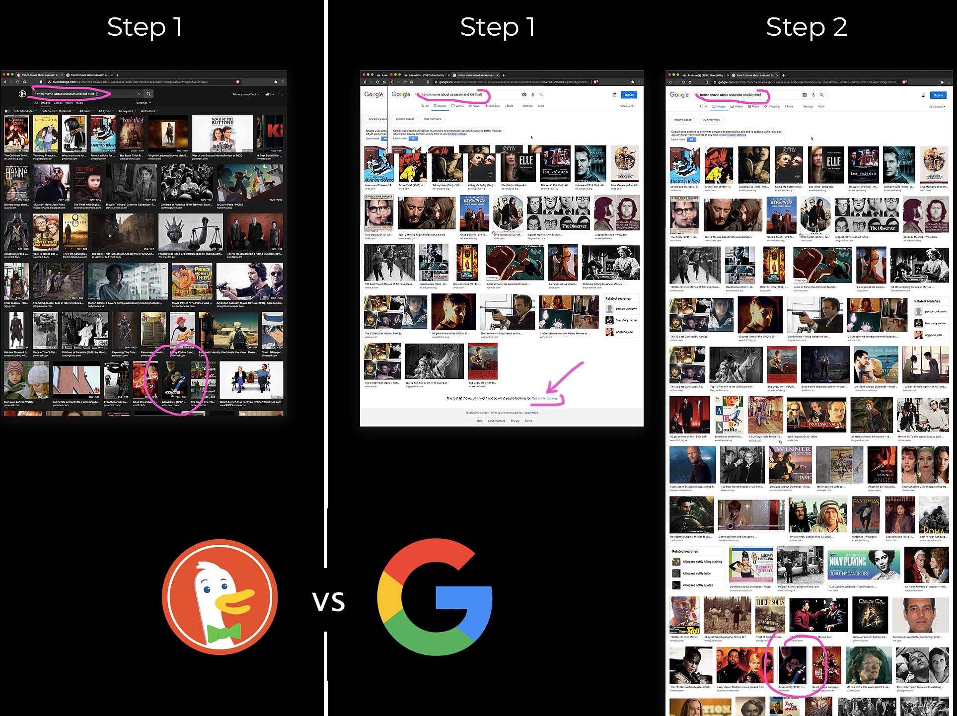 User Experience - DUCKDUCKGO vs GOOGLE searching a movie example